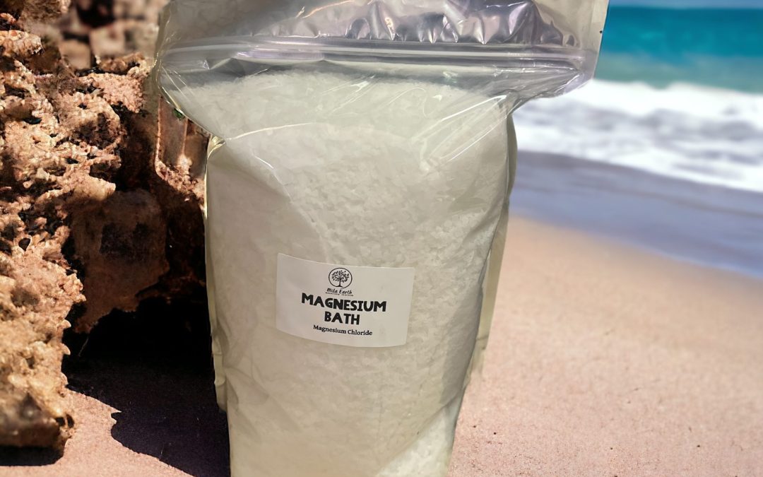 Large bag of magnesium bath flakes on a beach: 40 baths