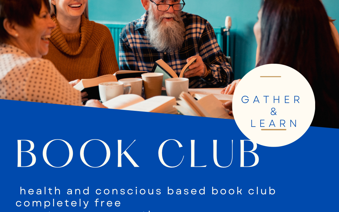 Conscious Book Club flyer: people chatting around a table, free monthly health book club, 7 to 9 pm