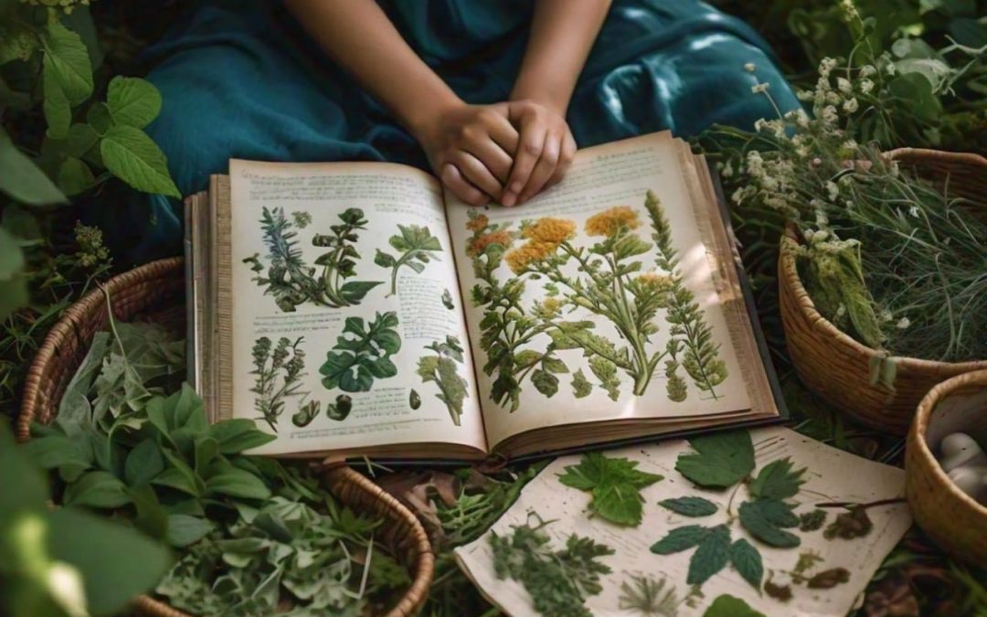 Hands resting on an open botanical book surrounded by baskets of herbs, Mila Earth blog and newsletter
