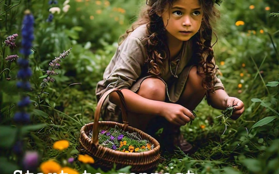 Wild Foraged Tea: child gathering wildflowers into a basket in a meadow