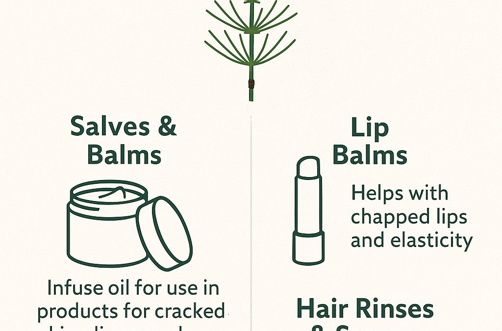 Illustrated chart of horsetail skin applications: salves and balms, lip balms, poultices and compresses, hair rinses and sprays