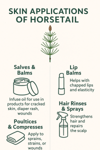 Illustrated chart of horsetail skin applications: salves and balms, lip balms, poultices and compresses, hair rinses and sprays