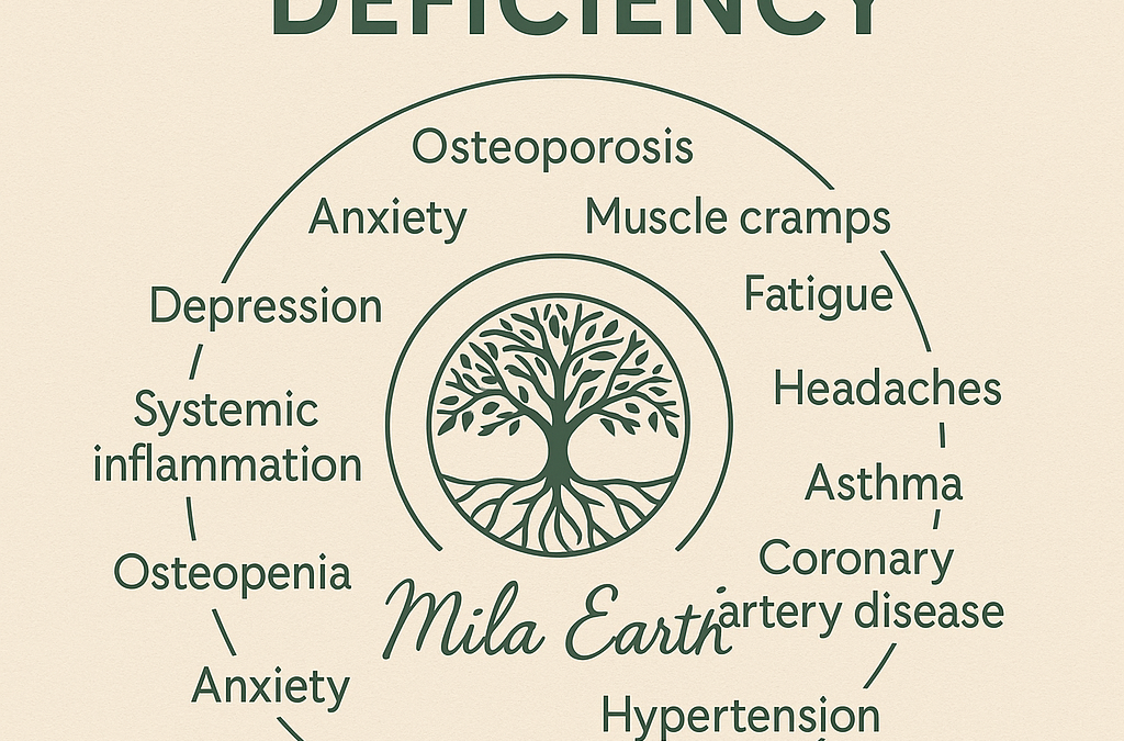 Magnesium deficiency diagram linking it to anxiety, muscle cramps, fatigue, headaches, osteoporosis and more