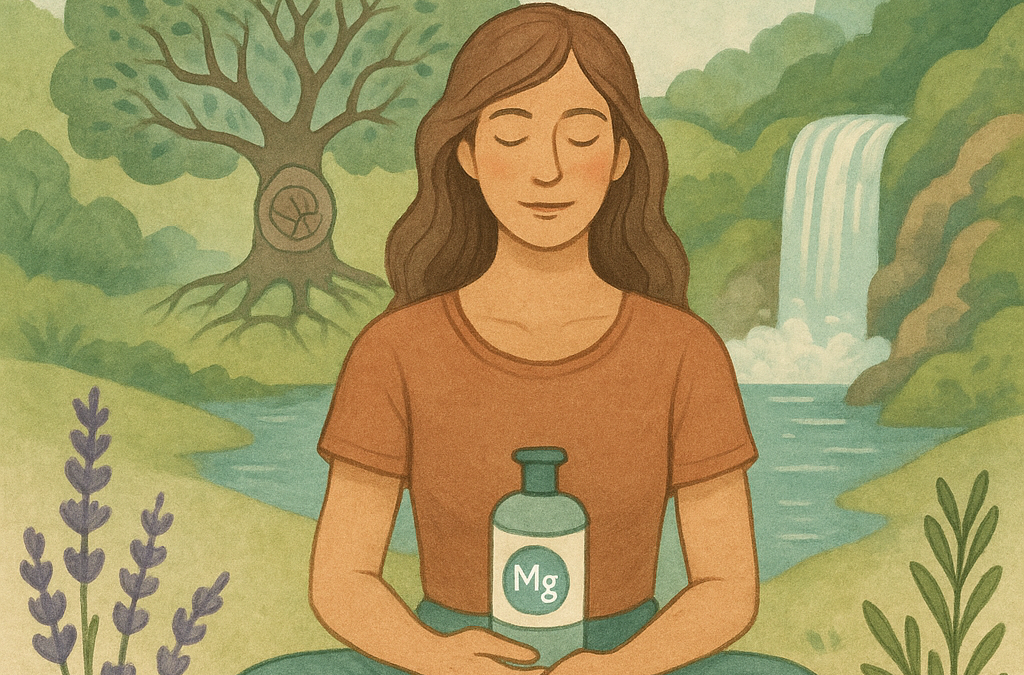 The natural way to get magnesium: illustrated woman meditating by a waterfall with a jar