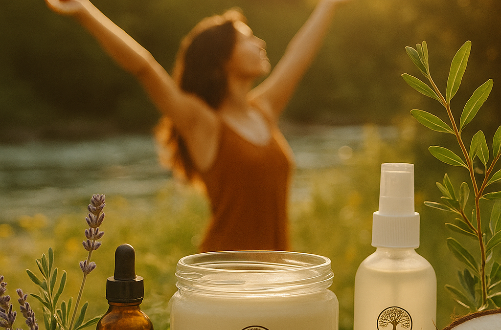 Sunscreen and magnesium graphic: woman in a sunlit field beside Mila Earth skincare bottles and a coconut