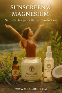 Sunscreen and magnesium graphic: woman in a sunlit field beside Mila Earth skincare bottles and a coconut
