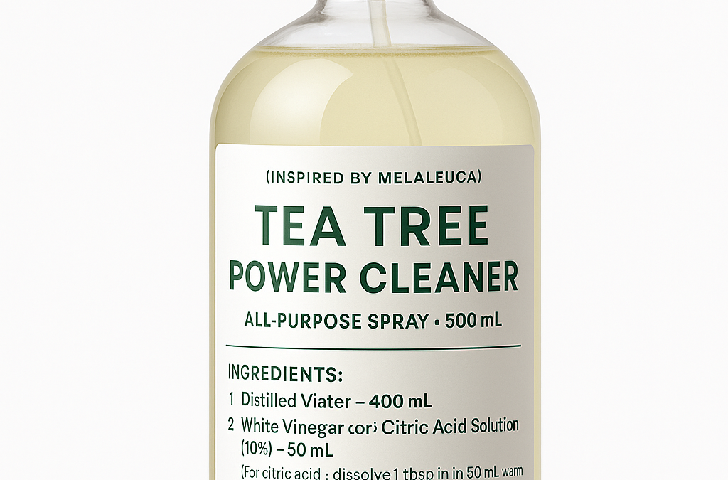 Glass spray bottle of homemade Tea Tree Power Cleaner with ingredient label