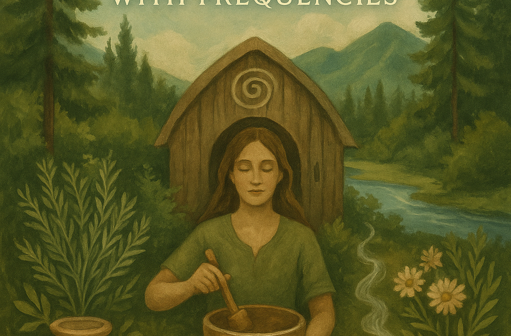 Tune Yourself and Your Home with Frequencies illustration of a woman with a singing bowl in the forest