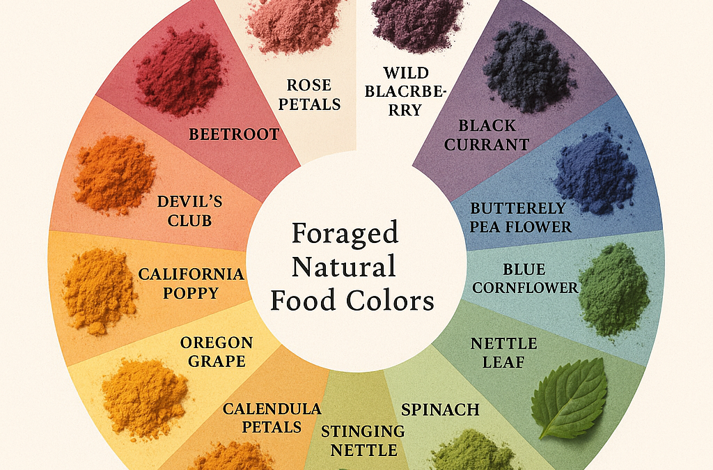 Foraged natural food colours wheel with beetroot, rose petals, blackberry, nettle, calendula and more
