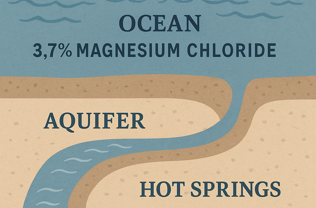 Magnesium chloride in natural waters: ocean, aquifer and hot springs illustration