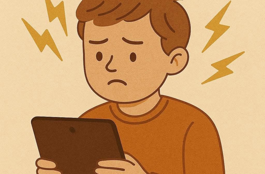 EMF and radiation sensitivity illustration of a worried boy holding a tablet