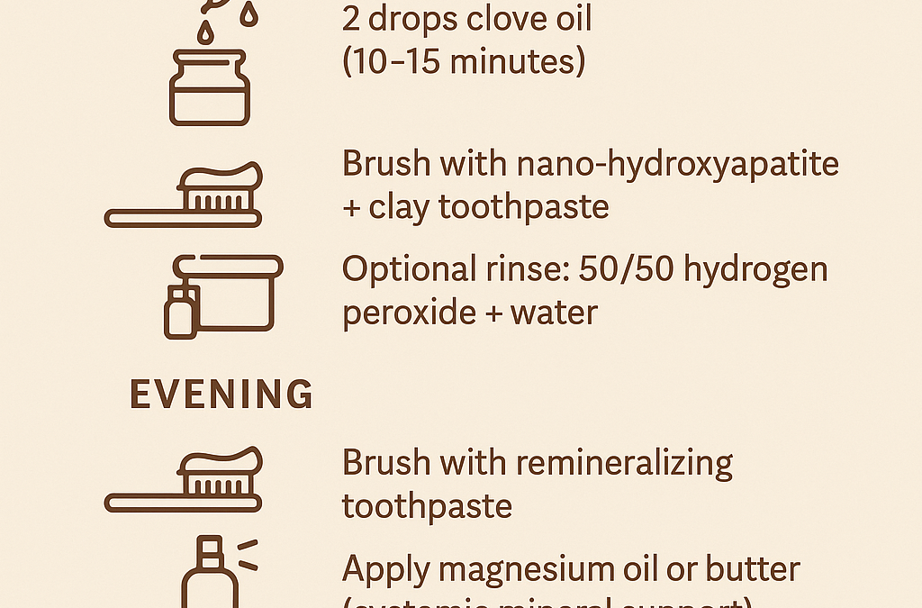Natural oral care protocol chart for morning, evening and weekly routines