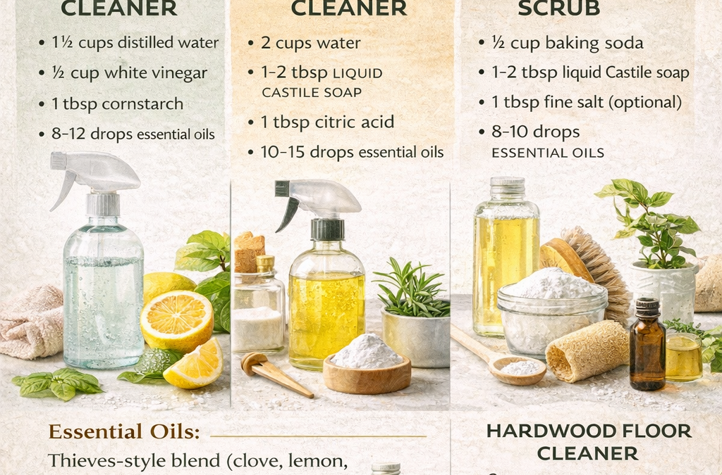 DIY natural cleaner recipes card: window, all-purpose, sink and tile, and hardwood floor cleaners