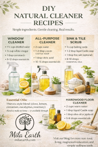 DIY natural cleaner recipes card: window, all-purpose, sink and tile, and hardwood floor cleaners