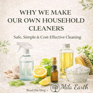 Why we make our own household cleaners graphic with spray bottles, lemons and baking soda
