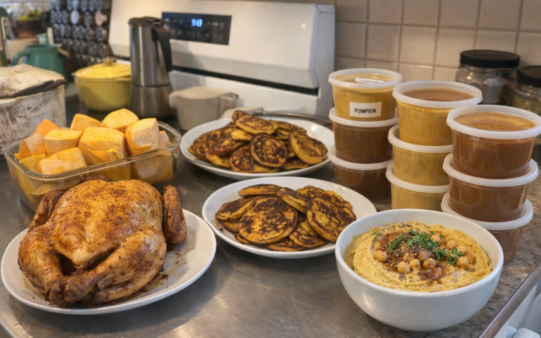 Roast chicken, pumpkin dishes and containers of soup prepared on a kitchen counter