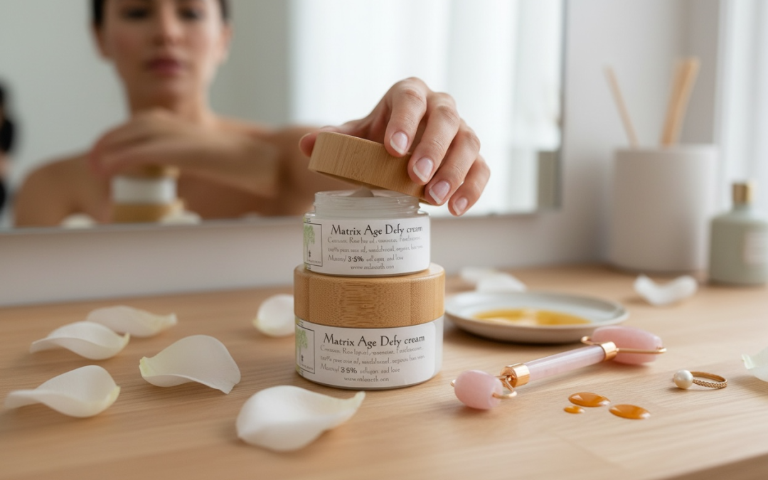 Woman opening a jar of face cream at a vanity with rose petals