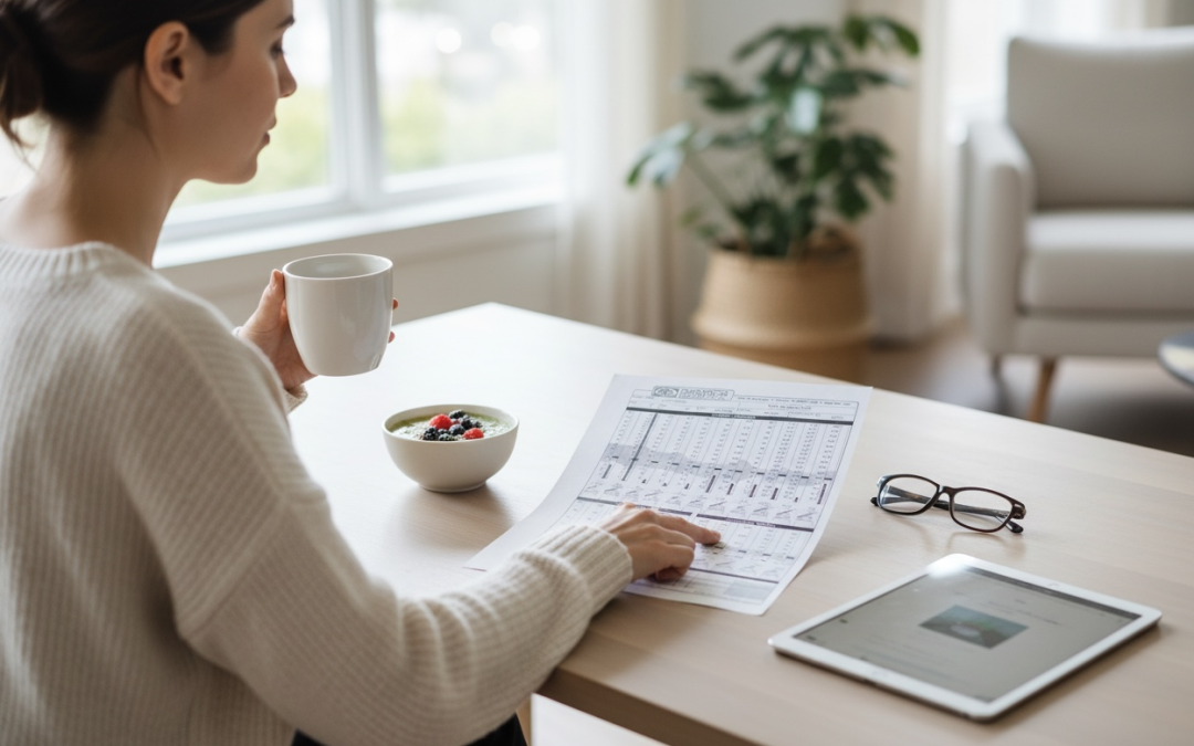 Woman with a coffee reviewing a printed chart at a desk