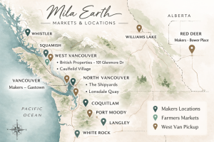 Illustrated map of Mila Earth markets and locations across BC and Alberta