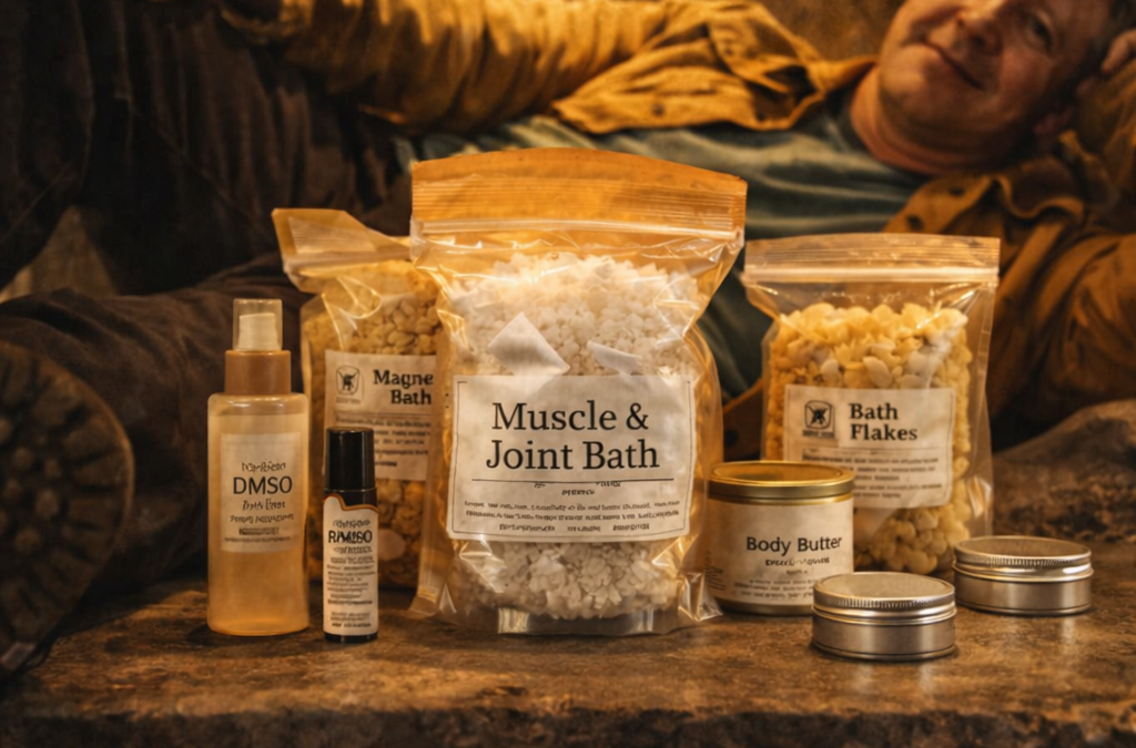Recover Harder: magnesium recovery products for men with a tired man resting behind them