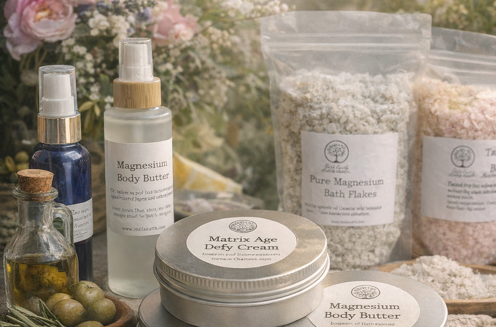 Mila Earth magnesium body butters, oils and bath flakes arranged among pink flowers