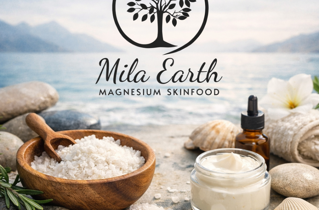 Mila Earth Magnesium Skinfood logo above a bowl of bath flakes, body cream and serum on beach stones