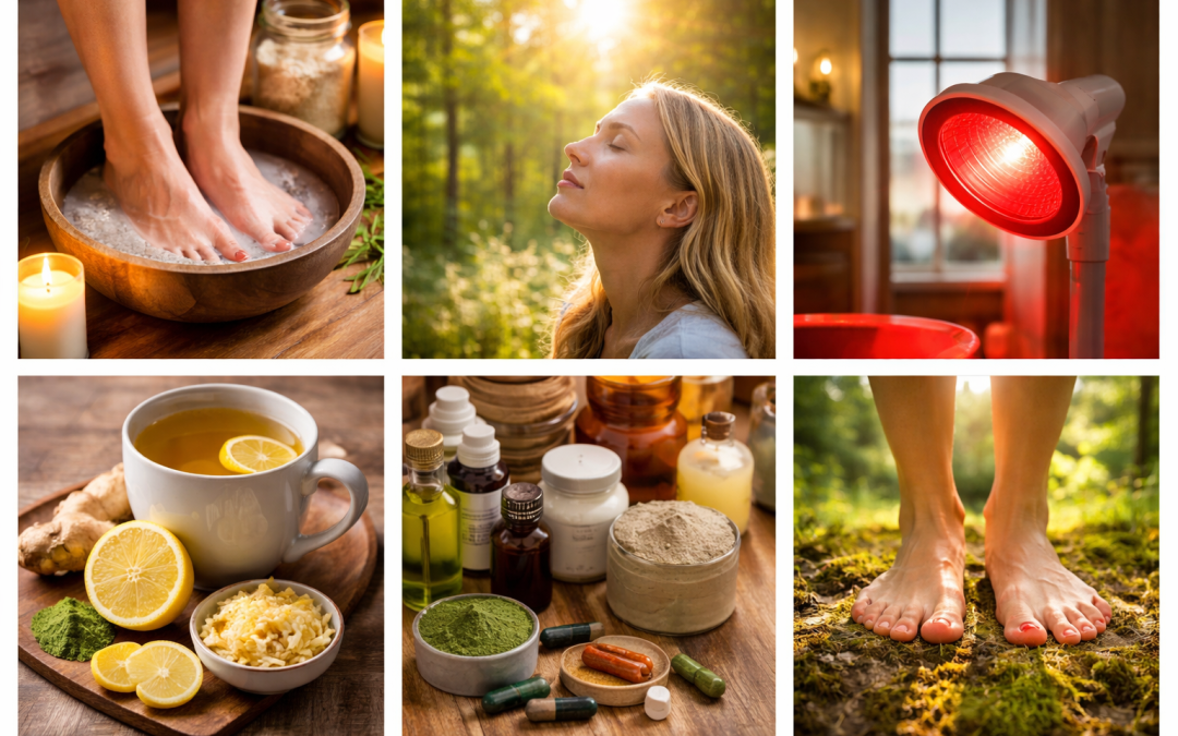 Collage of natural cold remedies: foot soak, sunlight, red light, lemon tea, supplements and barefoot grounding