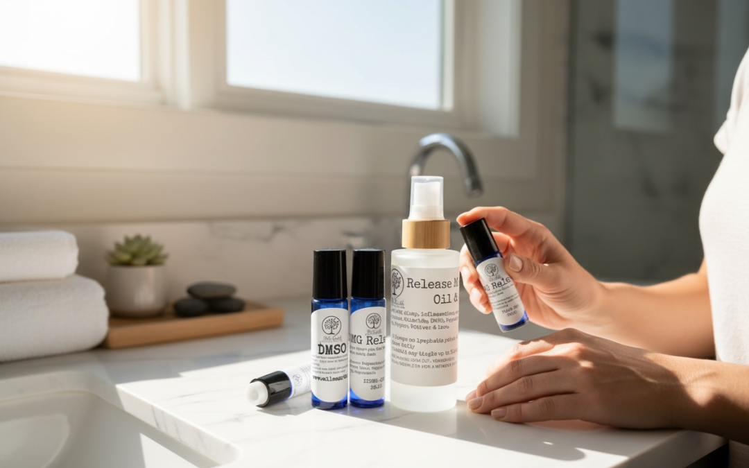 Hands spraying magnesium oil at a bathroom counter with Mila Earth bottles