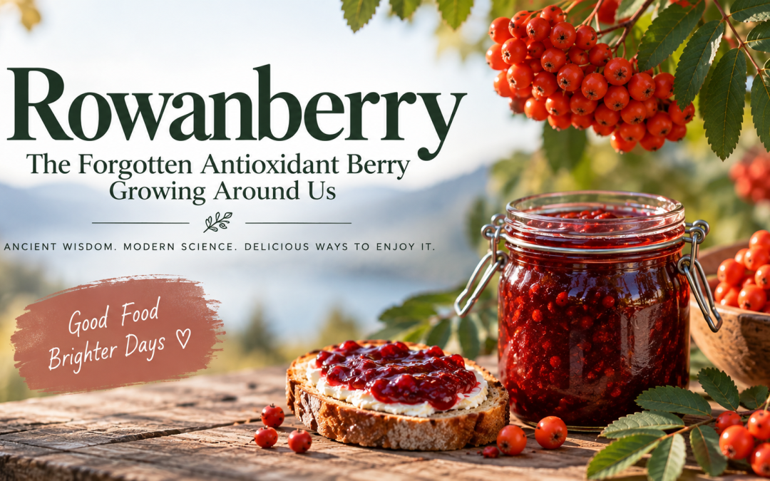 Rowanberry title graphic with jars of red rowanberry jam and fresh berry clusters