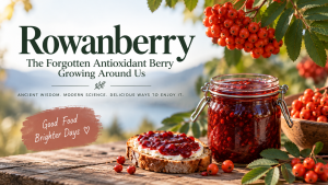 Rowanberry title graphic with jars of red rowanberry jam and fresh berry clusters