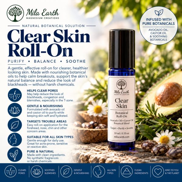 Mila Earth Clear Skin botanical roll-on with avocado and castor oil