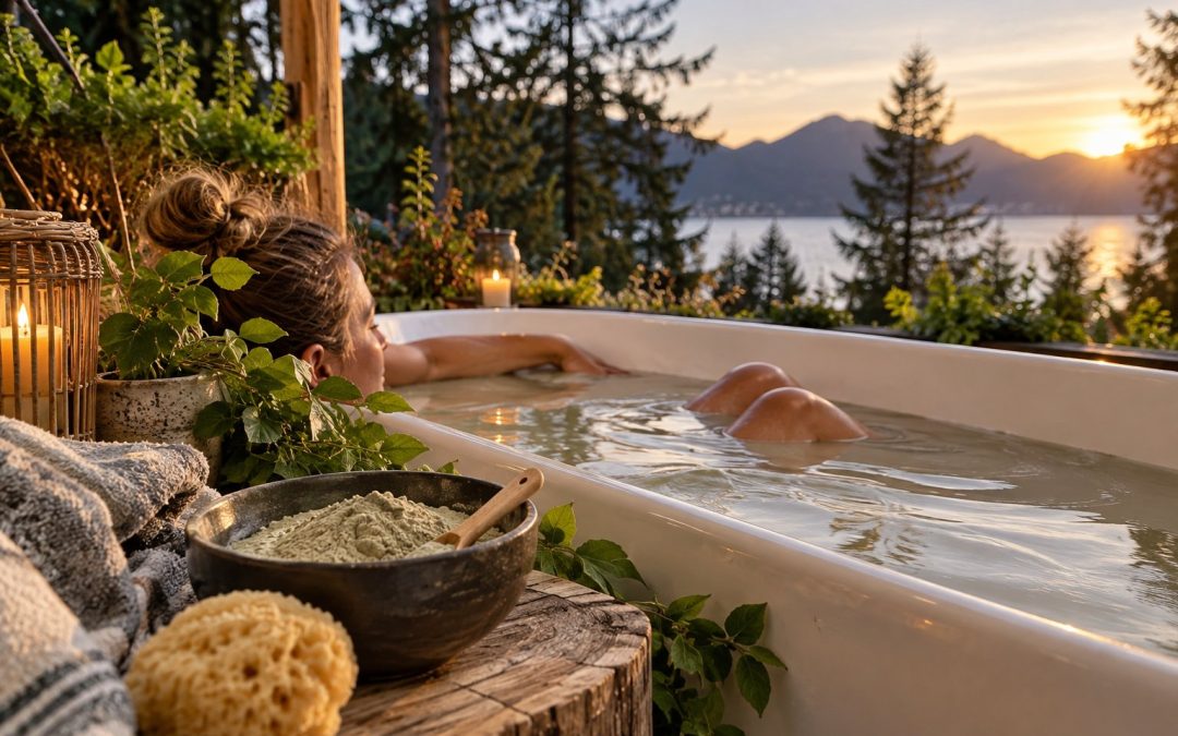 Woman relaxing in an outdoor clay bath at sunset, with a bowl of healing clay beside the tub