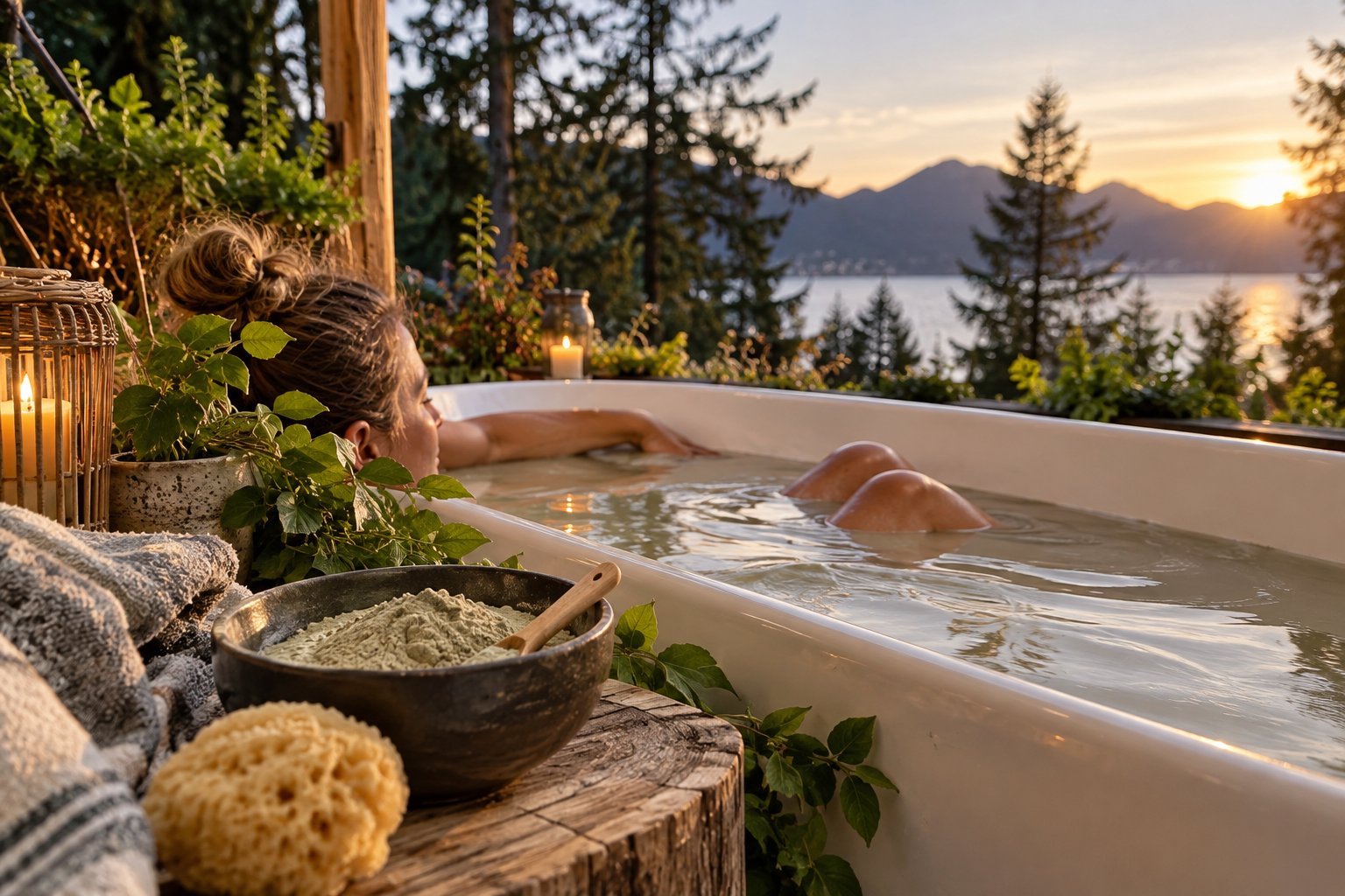 Woman relaxing in an outdoor clay bath at sunset, with a bowl of healing clay beside the tub