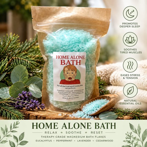 Mila Earth Home Alone magnesium bath flakes with eucalyptus, peppermint, lavender and cedarwood
