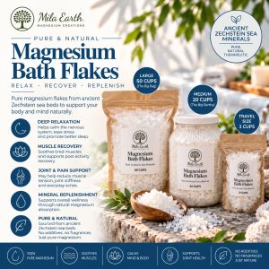 Mila Earth magnesium bath flakes in large, medium and travel sizes