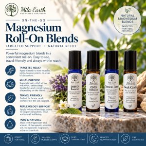 Mila Earth magnesium roll-on blends: DMSO Booster, OMG Release, Tension Tamer, Neck Candy