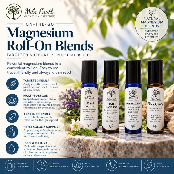 Mila Earth magnesium roll-on blends: DMSO Booster, OMG Release, Tension Tamer, Neck Candy
