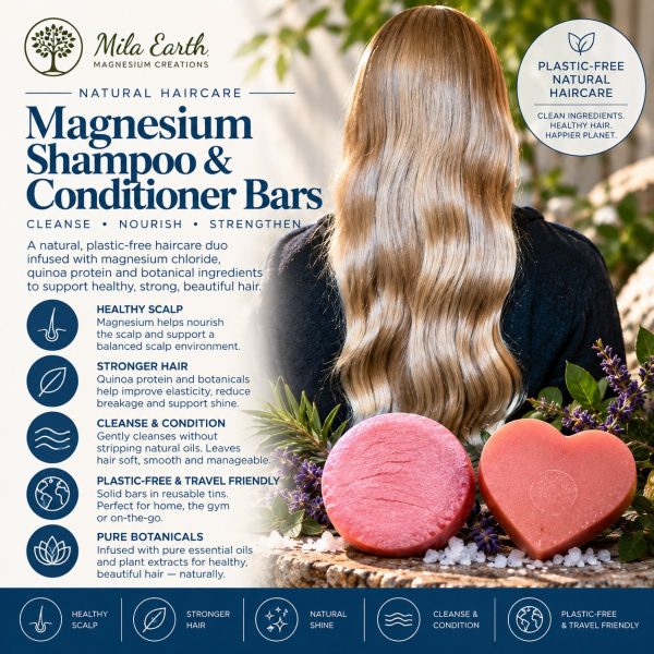 Mila Earth magnesium shampoo and conditioner bars for healthy, strong hair