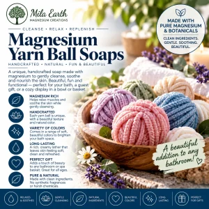 Magnesium yarn ball soaps in pink, lavender, blue, green and cream in a wooden bowl
