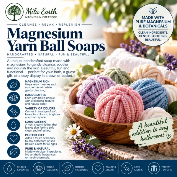 Magnesium yarn ball soaps in pink, lavender, blue, green and cream in a wooden bowl