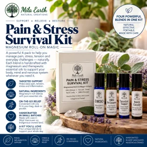 Pain and Stress Survival Kit: four Mila Earth magnesium roll-ons, DMSO, OMG Release, Tension Tamer and Neck Candy