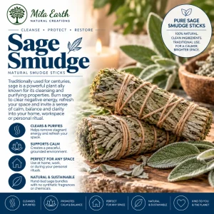 Mila Earth hand-tied wild sage smudge sticks on a wooden table with fresh sage leaves