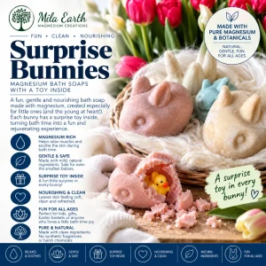 Mila Earth Surprise Bunnies magnesium bath soaps with a toy duck inside, in a basket with tulips