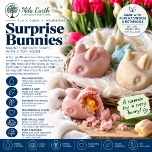 Surprise Bunnies magnesium bath soaps with a hidden toy inside, gentle enough for sensitive skin