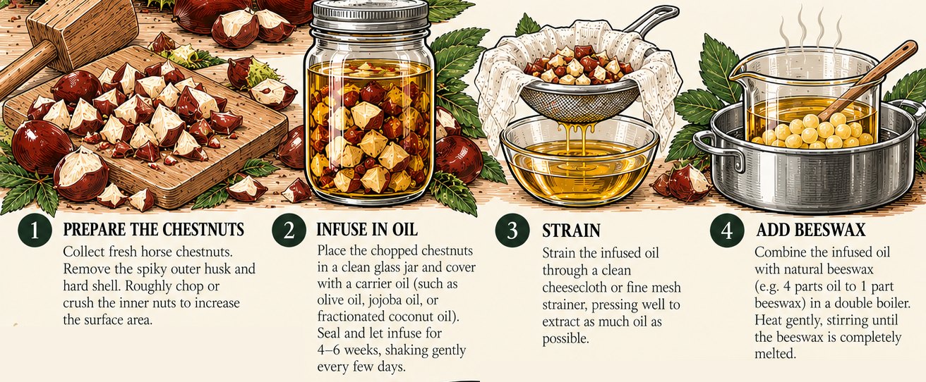 Illustrated steps for making a horse chestnut salve