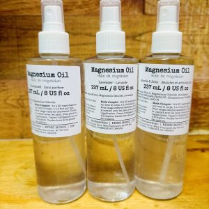 Mila Earth magnesium oil spray in 237 mL clear plastic bottles: Unscented, Lavender and Muscle & Joint