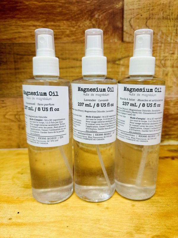 Mila Earth magnesium oil spray in 237 mL clear plastic bottles: Unscented, Lavender and Muscle & Joint