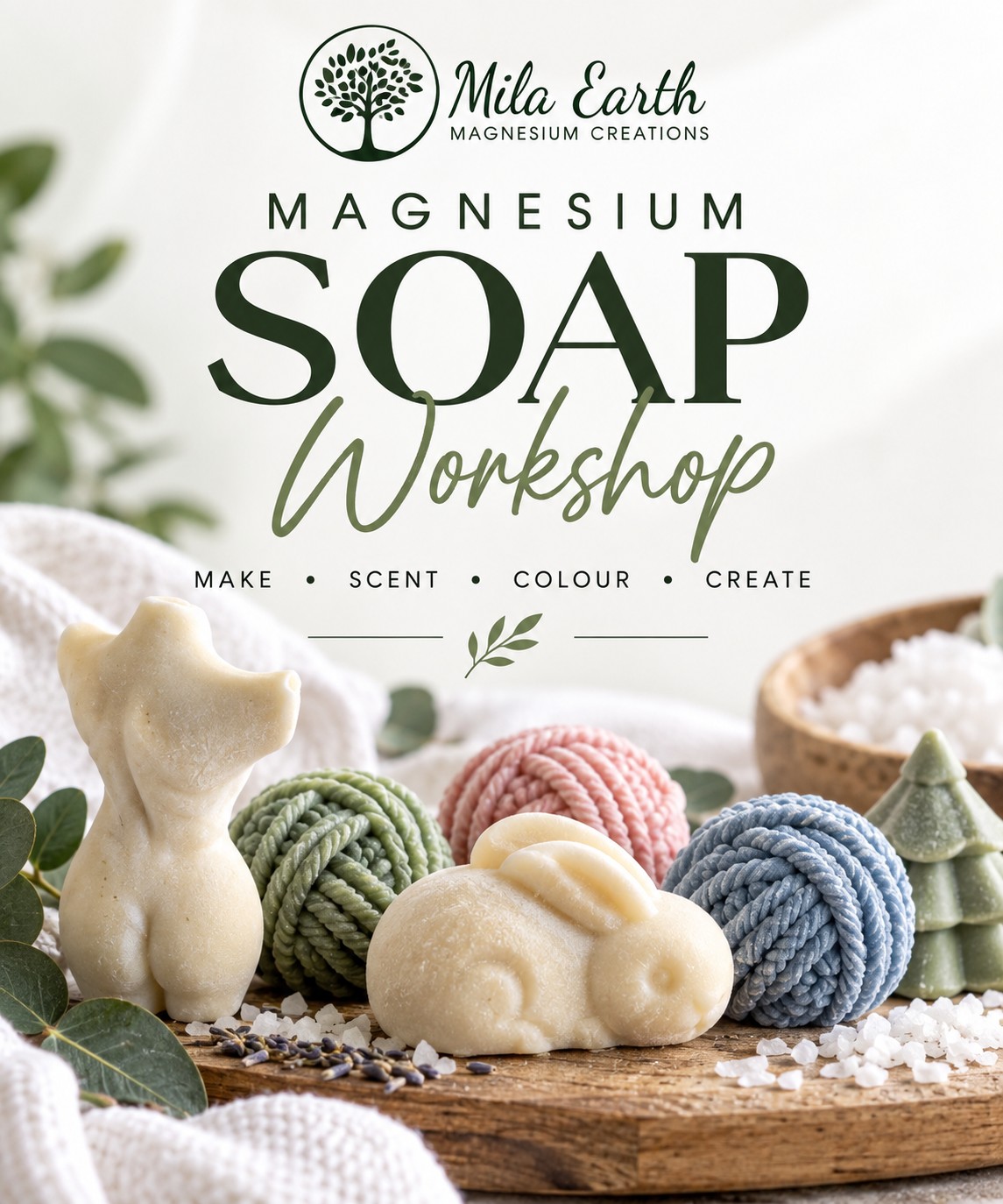 Mila Earth Magnesium Soap Workshop: handmade soaps shaped like yarn balls, a bunny, a tree and a figure