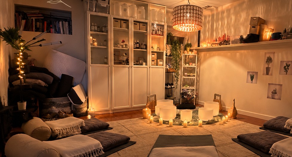 Mila Earth sound bath studio in West Vancouver, set with crystal singing bowls, candles, mats and blankets