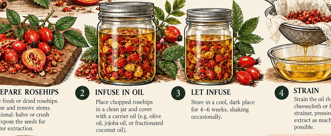 Illustrated steps for making rose hip infused oil: prepare, infuse, let infuse, strain